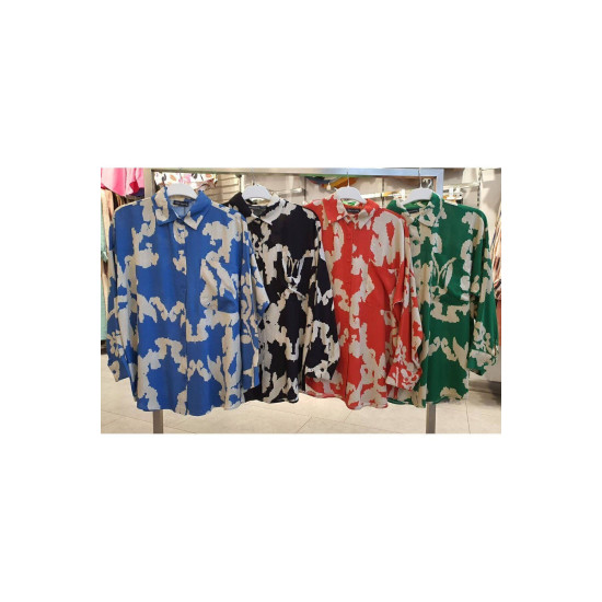 Kadın Viskon Uzun Kollu Pliseli Dökümlü Bol Kesim Yazlık Tunik Gömlek İndigo Mavi Bej 3457220