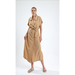Kadın Oversize Yeni Camel Bej Ceket Yaka Rahat Uzun Kısa Kollu Keten Ceket Elbise 3162400