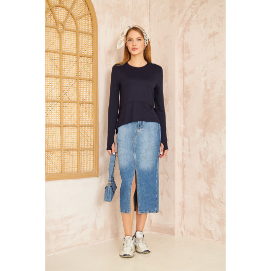 Kadın Laci, Yumuşak, Parmak Eldiven Detaylı, Asimetrik Pliseli Salaş Basic Spor Yoga Bluz 3459150