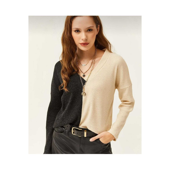 Kadın  V Yaka Uzun Kollu Iki Renkli Kışlık Kazak 2778200 Vizon Antrasit