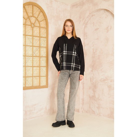 Kadın Siyah Kapüşonlu Oduncu Ekose Desenli Garnili Rahat Kesim Salaş Sweatshirt 3565210