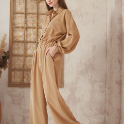 Kadın Karamel Cepli Beli Kolu Lastikli Uzun Kol Bol Kesim Tesettüre Uygun Kupra Tulum 3360451