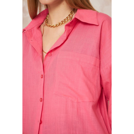 Kadın Fuşya Salaş Spor Gömlek / Truvakar Kol / Cepli /%100 Koton Flamlı Keten Kumaş 3619210