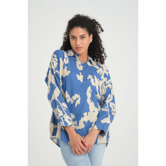 Kadın Viskon Uzun Kollu Pliseli Dökümlü Bol Kesim Yazlık Tunik Gömlek İndigo Mavi Bej 3457220