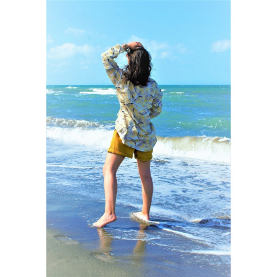 Kadın Hardal Beli Lastikli Keten Cepli Kısa Rahat Şort 289160