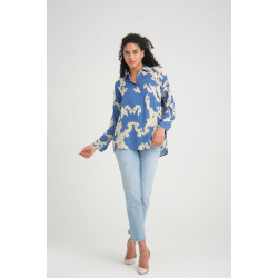 Kadın Viskon Uzun Kollu Pliseli Dökümlü Bol Kesim Yazlık Tunik Gömlek İndigo Mavi Bej 3457220