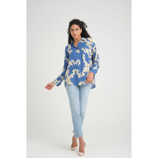 Kadın Viskon Uzun Kollu Pliseli Dökümlü Bol Kesim Yazlık Tunik Gömlek İndigo Mavi Bej 3457220