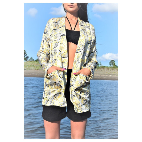 Kadın Sarı Saten Cepli Salaş Renkli Desenli Kimono Ceket Yb3250240