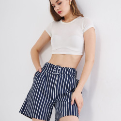 Pasaklı Giyim Kadın Gabardin Kumaş Cepli Kemerli Tokalı Çizgili Kısa Şort Lacivert Beyaz 3562210