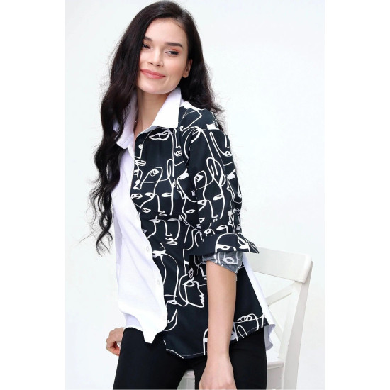 Kadın Siyah Beyaz Yüz Silüetli Uzun Kollu Rahat Tarz Basic Gömlek 7003074200
