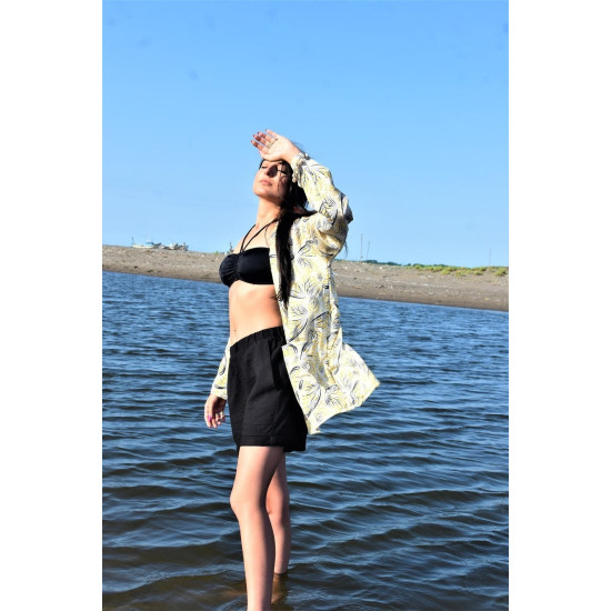 Kadın Sarı Saten Cepli Salaş Renkli Desenli Kimono Ceket Yb3250240