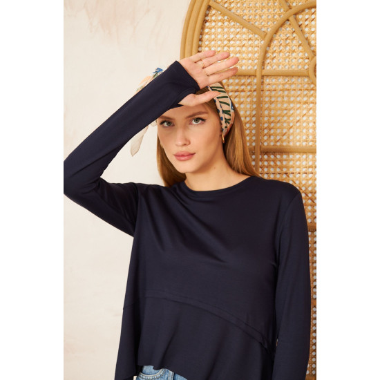 Kadın Laci, Yumuşak, Parmak Eldiven Detaylı, Asimetrik Pliseli Salaş Basic Spor Yoga Bluz 3459150