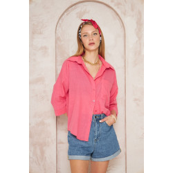 Kadın Fuşya Salaş Spor Gömlek / Truvakar Kol / Cepli /%100 Koton Flamlı Keten Kumaş 3619210