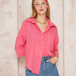 Kadın Fuşya Salaş Spor Gömlek / Truvakar Kol / Cepli /%100 Koton Flamlı Keten Kumaş 3619210