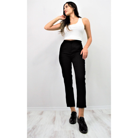 Kadın Siyah Beli Beyaz Lastikli Bant Şeritli Arka Yan Cepli Dar Kesim Kumaş Kalem Pantolon 3186220