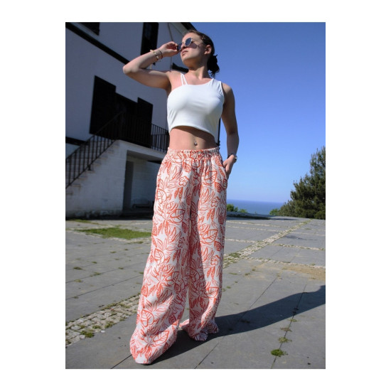 Kadın Keten Turuncu Beyaz Desenli Beli Lastikli Cepli Bol Paça Oversize Salaş Pantolon 3369220