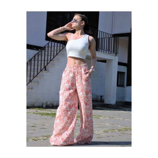 Kadın Keten Turuncu Beyaz Desenli Beli Lastikli Cepli Bol Paça Oversize Salaş Pantolon 3369220