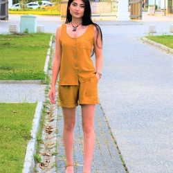 Kadın Hardal Beli Lastikli Keten Cepli Kısa Rahat Şort 289160