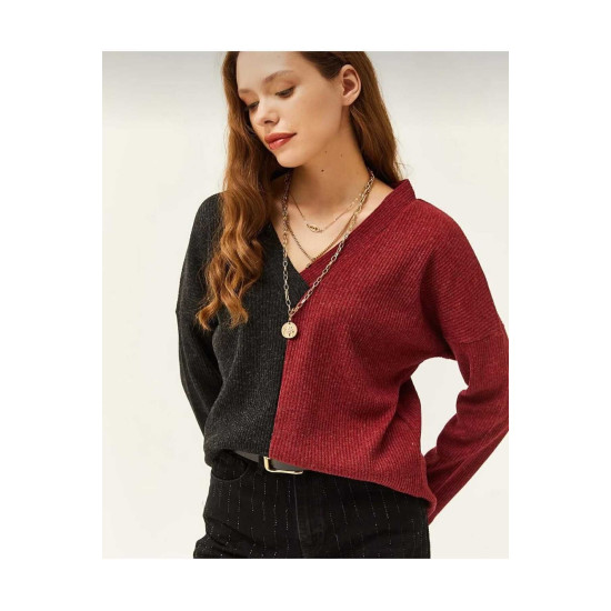 Pasaklı Giyim Kadın  V Yaka Uzun Kollu Iki Renkli Kışlık Kazak 2778200 Bordo Antrasit