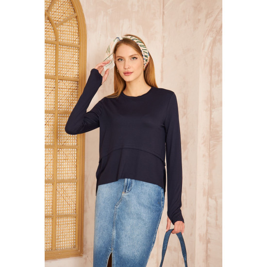 Kadın Laci, Yumuşak, Parmak Eldiven Detaylı, Asimetrik Pliseli Salaş Basic Spor Yoga Bluz 3459150