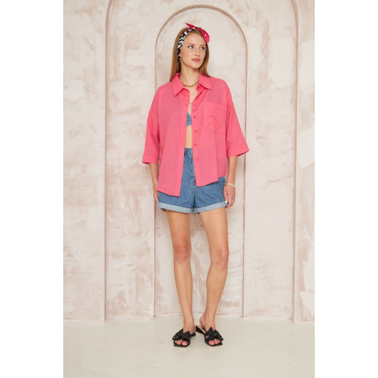 Kadın Fuşya Salaş Spor Gömlek / Truvakar Kol / Cepli /%100 Koton Flamlı Keten Kumaş 3619210