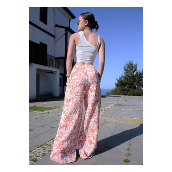 Kadın Keten Turuncu Beyaz Desenli Beli Lastikli Cepli Bol Paça Oversize Salaş Pantolon 3369220