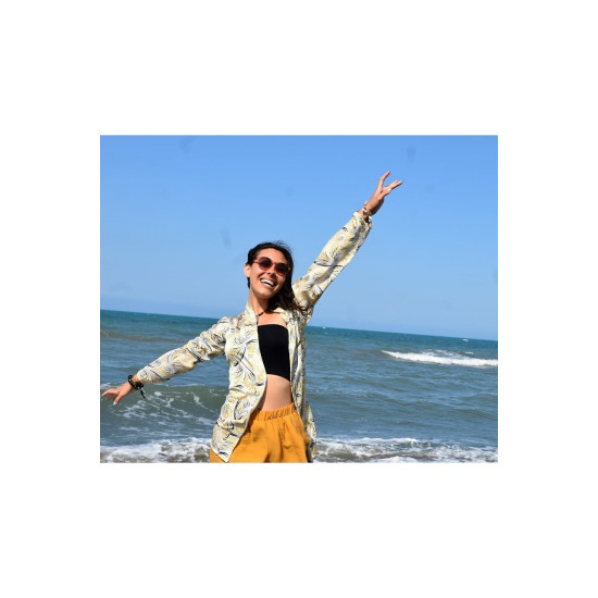 Kadın Sarı Saten Cepli Salaş Renkli Desenli Kimono Ceket Yb3250240