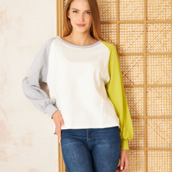 Kadın Beyaz Fıstık Yeşil Gri Yuvarlak Yaka Dikiş Detaylı Uzun Kollu Sweatshirt Bluz 3472200