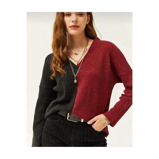 Pasaklı Giyim Kadın  V Yaka Uzun Kollu Iki Renkli Kışlık Kazak 2778200 Bordo Antrasit