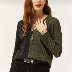 Kadın Antrasit Haki V Yaka Uzun Kollu Iki Renkli Kışlık Kazak 2778170