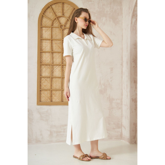Kadın Beyaz Yırtmaçlı Tam Kalıp Polo Yaka Kısa Kollu Uzun Günlük Rahat Spor Elbise 3525250