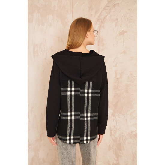 Kadın Siyah Kapüşonlu Oduncu Ekose Desenli Garnili Rahat Kesim Salaş Sweatshirt 3565210