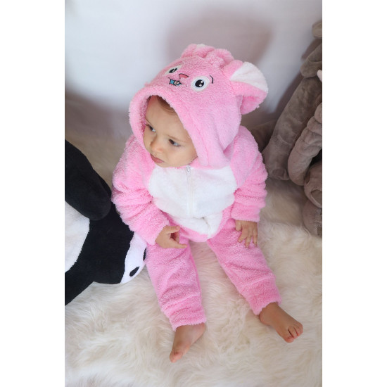 Welsoft Peluş Fermuarlı Kışlık Unisex Kız Erkek Bebek Uyku Tulumu Bebek Tulumu Çocuk Tulumu Kostümü Pembe