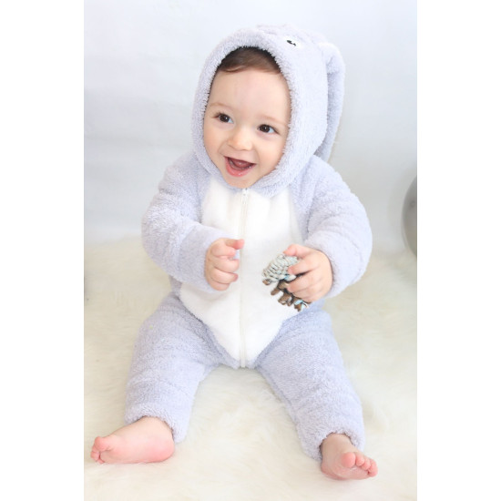 Welsoft Peluş Fermuarlı Kışlık Unisex Kız Erkek Bebek Uyku Tulumu Bebek Tulumu Çocuk Tulumu Kostümü Gri