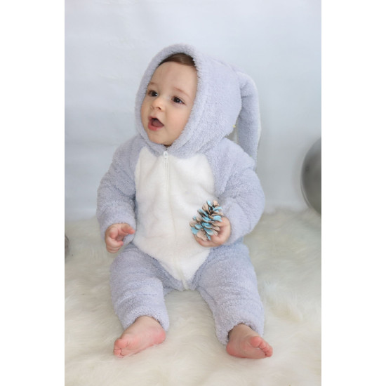 Welsoft Peluş Fermuarlı Kışlık Unisex Kız Erkek Bebek Uyku Tulumu Bebek Tulumu Çocuk Tulumu Kostümü Gri