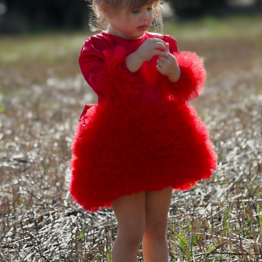 BabyAnimals Tüllü Tütü Saten Kız Çocuk Elbise Kırmızı