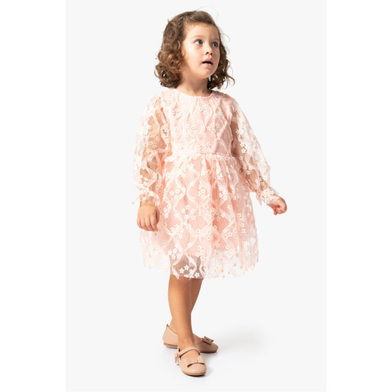 BabyAnimals Tüllü Papatyalı Kız Çocuk Elbise Pudra