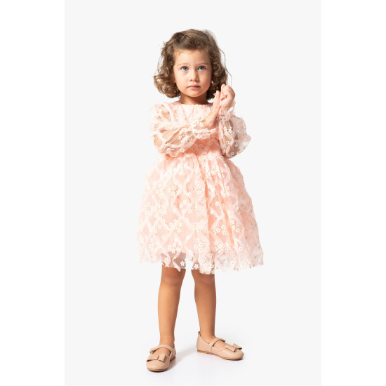 BabyAnimals Tüllü Papatyalı Kız Çocuk Elbise Pudra