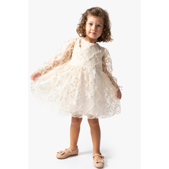 BabyAnimals Tüllü Papatyalı Kız Çocuk Elbise Krem