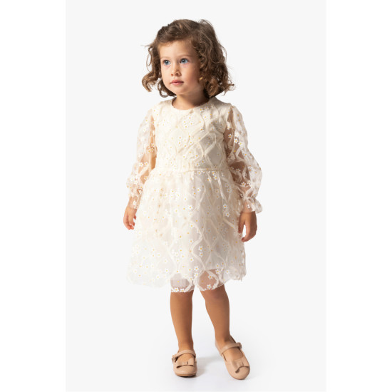 BabyAnimals Tüllü Papatyalı Kız Çocuk Elbise Krem