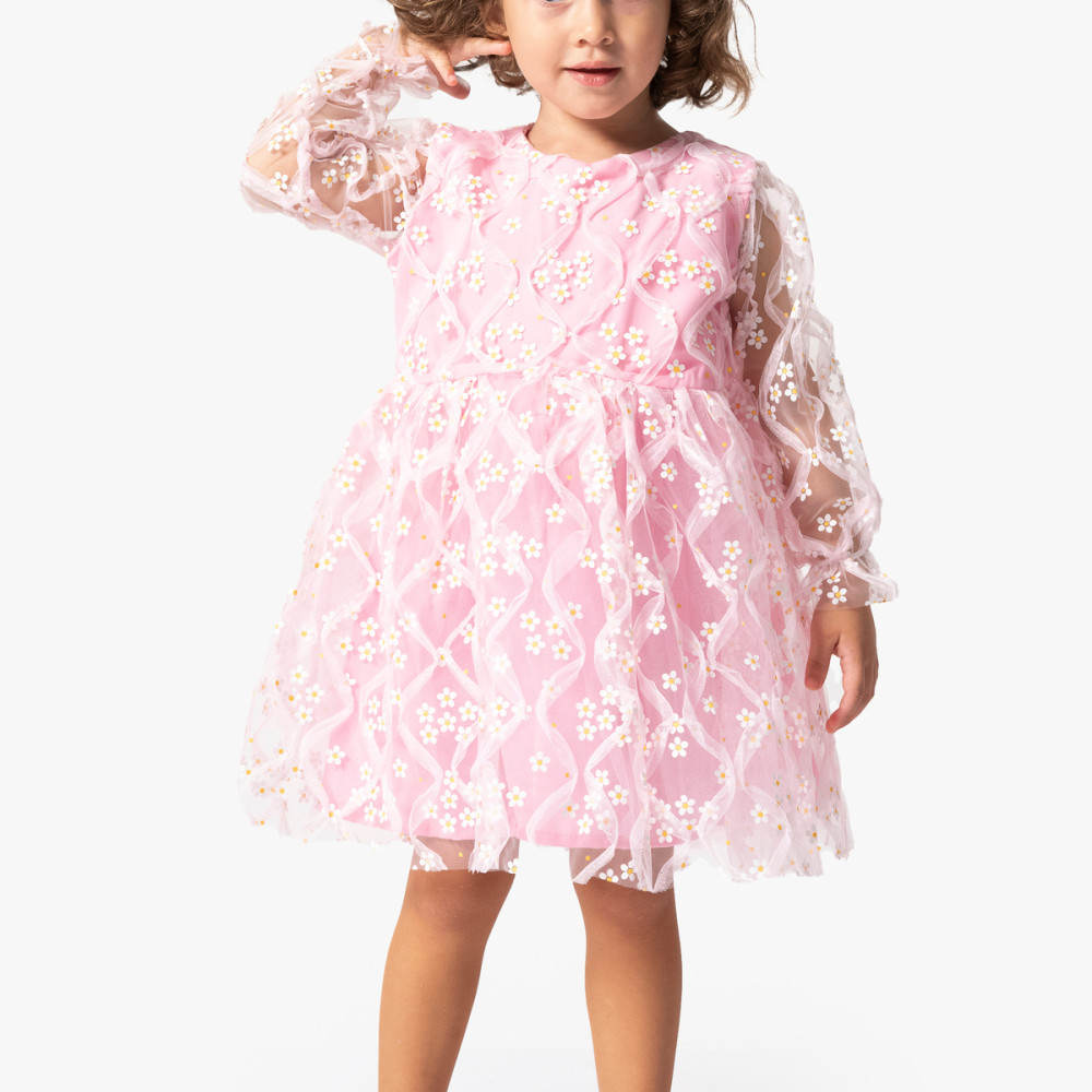 BabyAnimals Tüllü Papatyalı Kız Çocuk Elbise Pembe