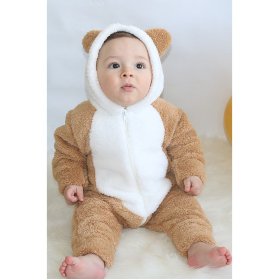 Welsoft Peluş Fermuarlı Kışlık Unisex Kız Erkek Bebek Uyku Tulumu Bebek Tulumu Çocuk Tulumu Kostümü Kahverengi