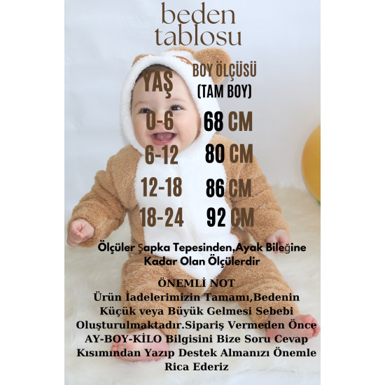 Welsoft Peluş Fermuarlı Kışlık Unisex Kız Erkek Bebek Uyku Tulumu Bebek Tulumu Çocuk Tulumu Kostümü Kahverengi