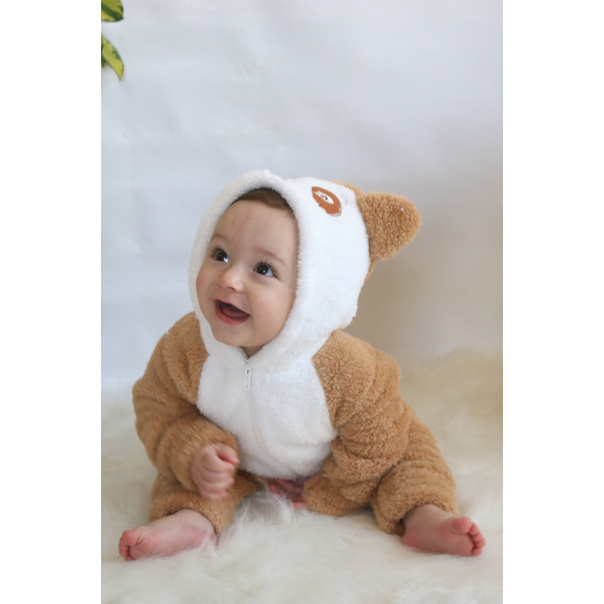 Welsoft Peluş Fermuarlı Kışlık Unisex Kız Erkek Bebek Uyku Tulumu Bebek Tulumu Çocuk Tulumu Kostümü Kahverengi