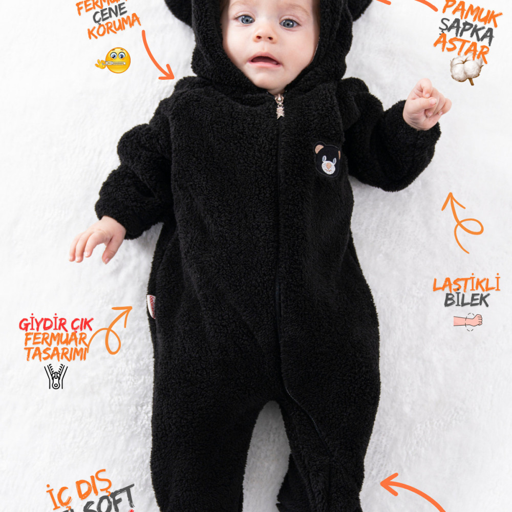 Welsoft Peluş Fermuarlı Kışlık Unisex Kız Erkek Bebek Uyku Tulumu Bebek Tulumu Çocuk Tulumu Kostümü Siyah