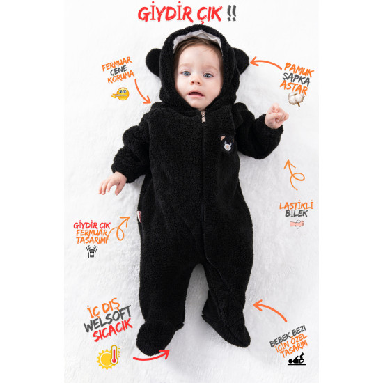 Welsoft Peluş Fermuarlı Kışlık Unisex Kız Erkek Bebek Uyku Tulumu Bebek Tulumu Çocuk Tulumu Kostümü Siyah