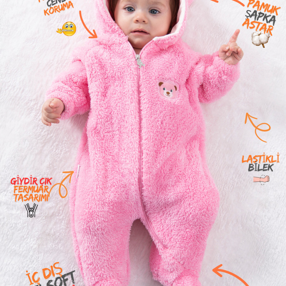 Welsoft Peluş Fermuarlı Kışlık Unisex Kız Erkek Bebek Uyku Tulumu Bebek Tulumu Çocuk Tulumu Kostümü Pembe