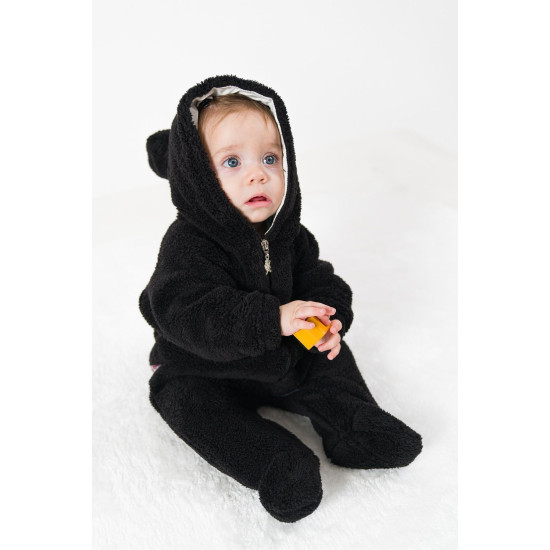 Welsoft Peluş Fermuarlı Kışlık Unisex Kız Erkek Bebek Uyku Tulumu Bebek Tulumu Çocuk Tulumu Kostümü Siyah