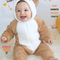Welsoft Peluş Fermuarlı Kışlık Unisex Kız Erkek Bebek Uyku Tulumu Bebek Tulumu Çocuk Tulumu Kostümü Kahverengi