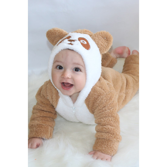 Welsoft Peluş Fermuarlı Kışlık Unisex Kız Erkek Bebek Uyku Tulumu Bebek Tulumu Çocuk Tulumu Kostümü Kahverengi